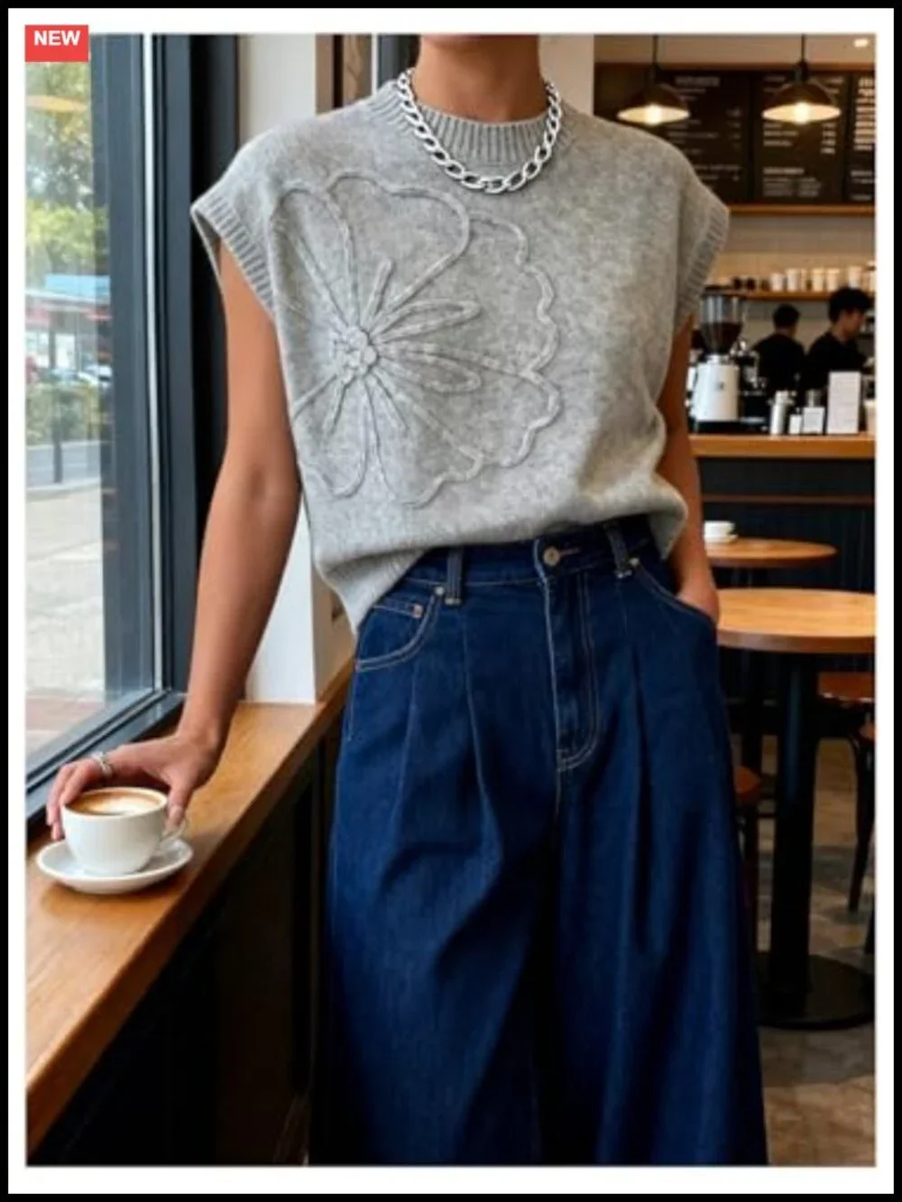 Plus Size 3D Floral Knit Pullover Sweater Cap Sleeve Stand Collar